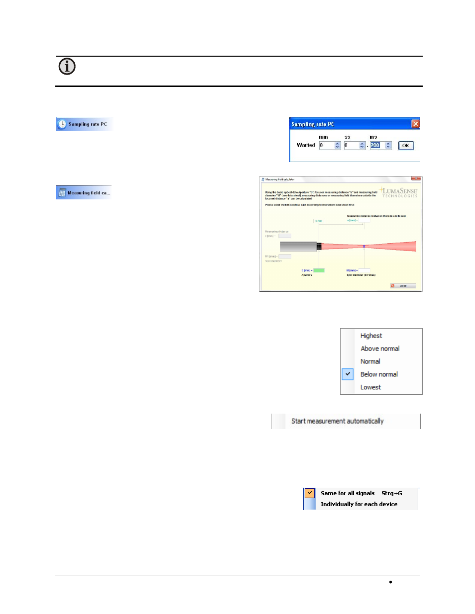 6 spot size calculator, 7 special settings, 1 measurement priority | 2 start measurement automatically, 3 scaling measurement, Measurement priority, Start measurement automatically, Scaling measurement | LumaSense Technologies InfraWin 5 User Manual | Page 24 / 32