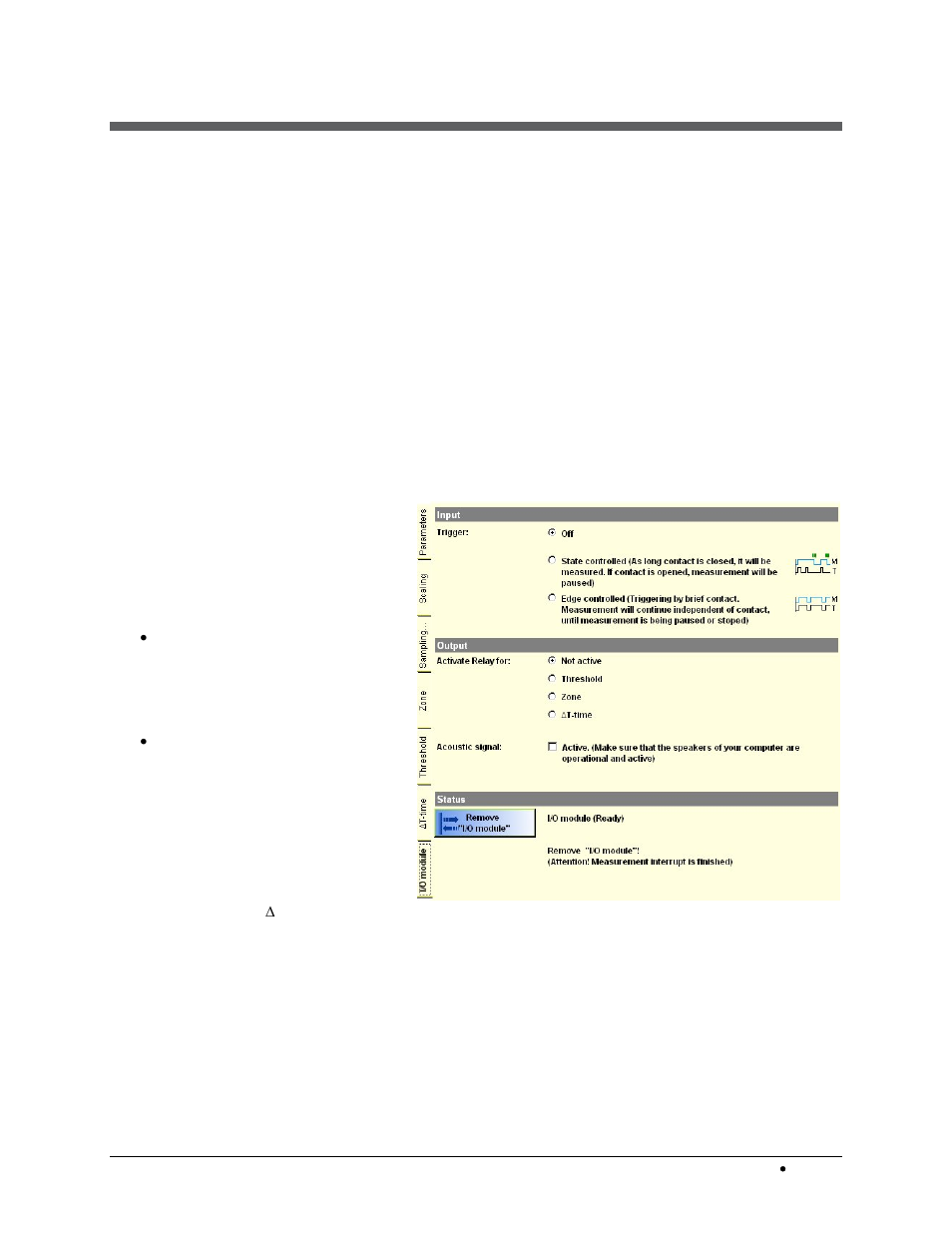 5 i/o module, 1 searching for an i/o module, 2 applying the i/o module | 1 trigger function (input), 2 alarm output function, 3 removing the i/o module, Trigger function (input), Alarm output function | LumaSense Technologies InfraWin 5 User Manual | Page 25 / 32