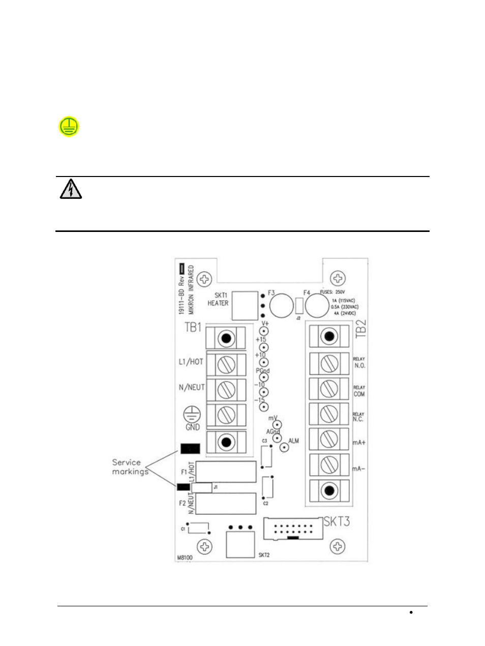 1 service markings, 2 protective ground connection, 3 cover attachment | LumaSense Technologies M8100SM-EXP User Manual | Page 24 / 78