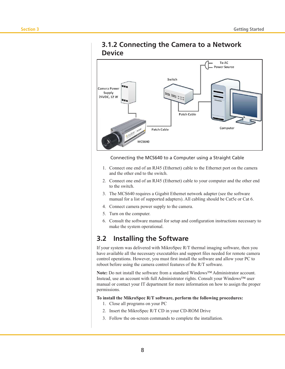 2 connecting the camera to a network device, 2 installing the software | LumaSense Technologies MCS640 Manual User Manual | Page 12 / 26