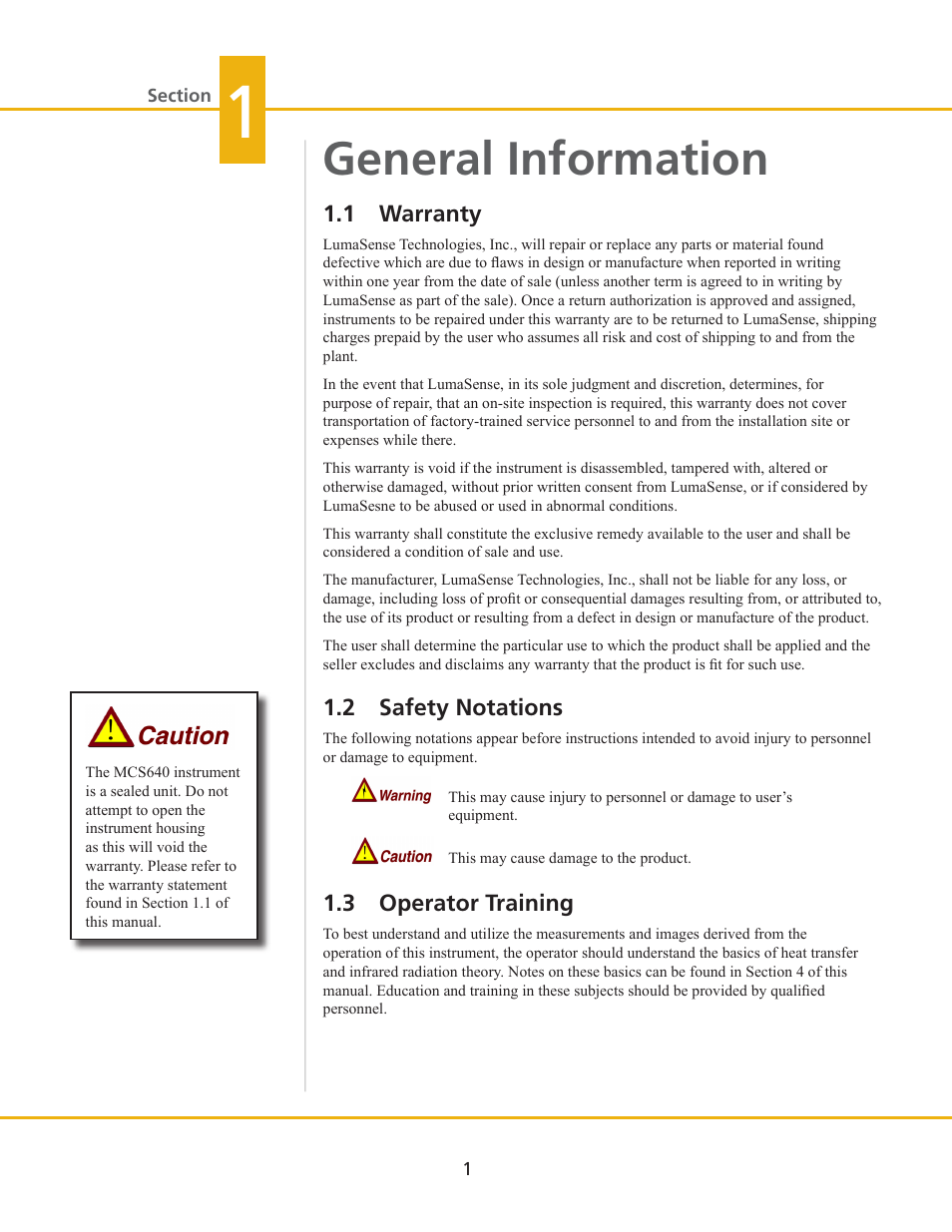 General information, 1 warranty, 2 safety notations | 3 operator training | LumaSense Technologies MCS640 Manual User Manual | Page 5 / 26