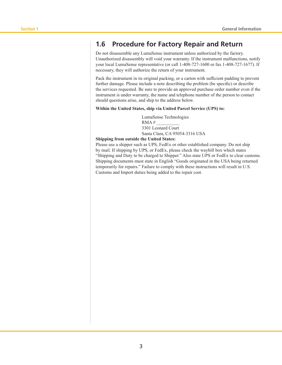 6 procedure for factory repair and return | LumaSense Technologies MCS640 Manual User Manual | Page 7 / 26