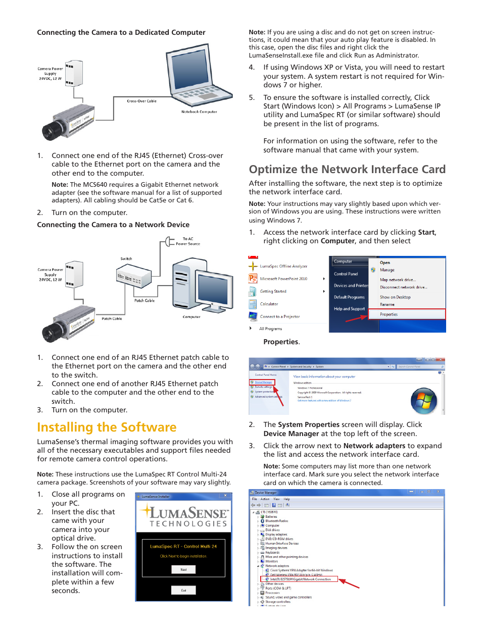 Installing the software, Optimize the network interface card | LumaSense Technologies MCS320 Quick Start Guide User Manual | Page 2 / 4