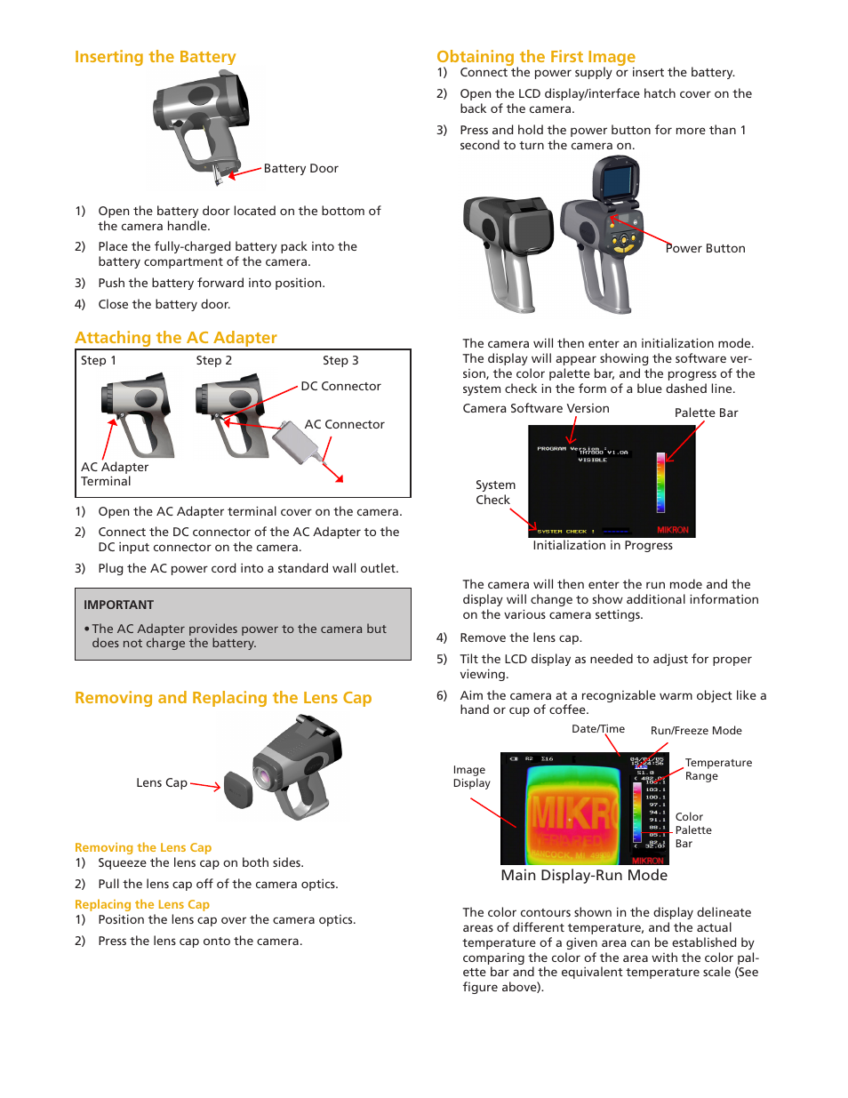 Inserting the battery, Attaching the ac adapter, Removing and replacing the lens cap | Obtaining the first image | LumaSense Technologies MIKRON M7815 User Manual | Page 3 / 6