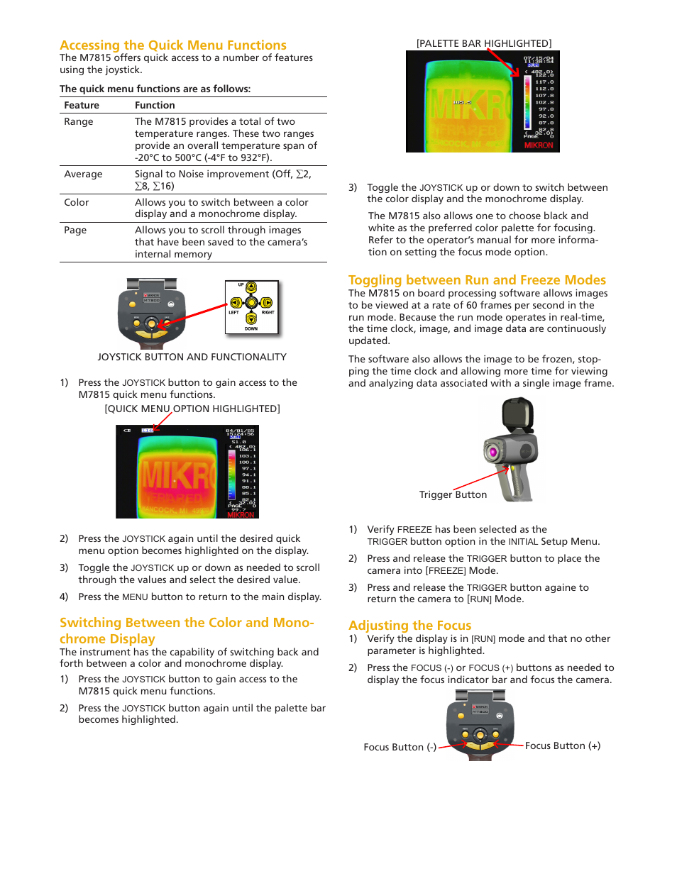 Accessing the quick menu functions, Toggling between run and freeze modes, Adjusting the focus | LumaSense Technologies MIKRON M7815 User Manual | Page 4 / 6