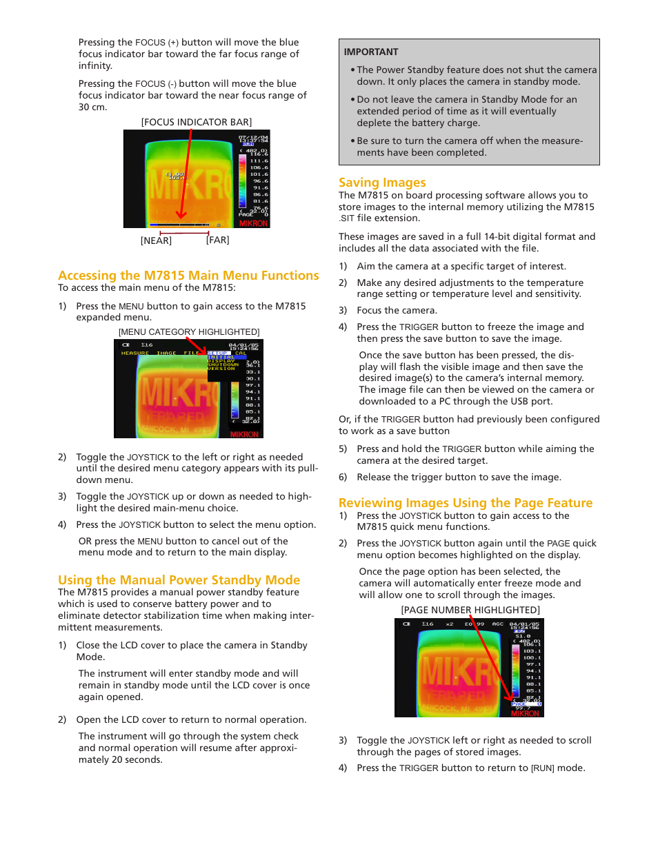 Accessing the m7815 main menu functions, Using the manual power standby mode, Saving images | Reviewing images using the page feature | LumaSense Technologies MIKRON M7815 User Manual | Page 5 / 6