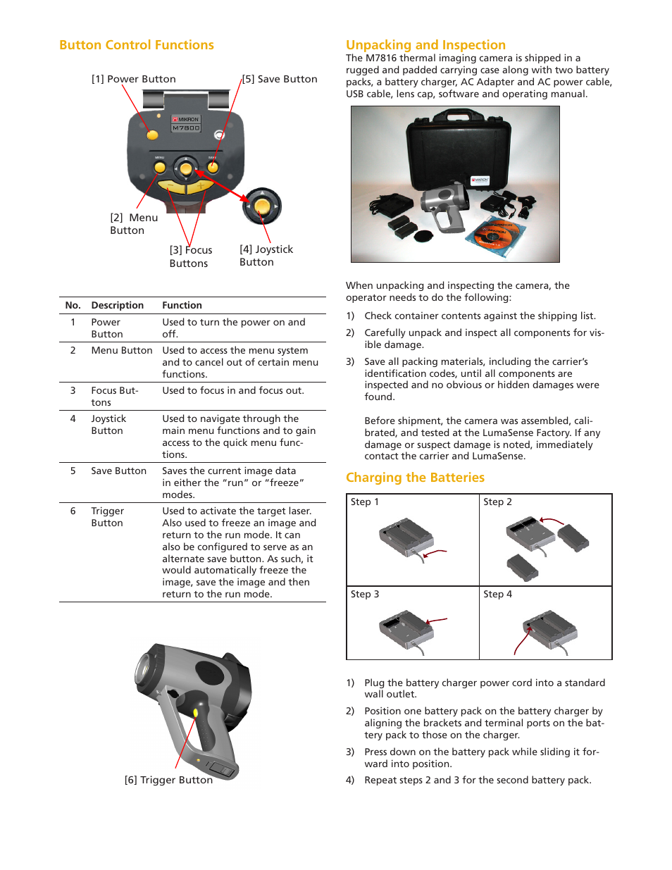 Button control functions, Unpacking and inspection, Charging the batteries | LumaSense Technologies MIKRON M7816 User Manual | Page 2 / 6