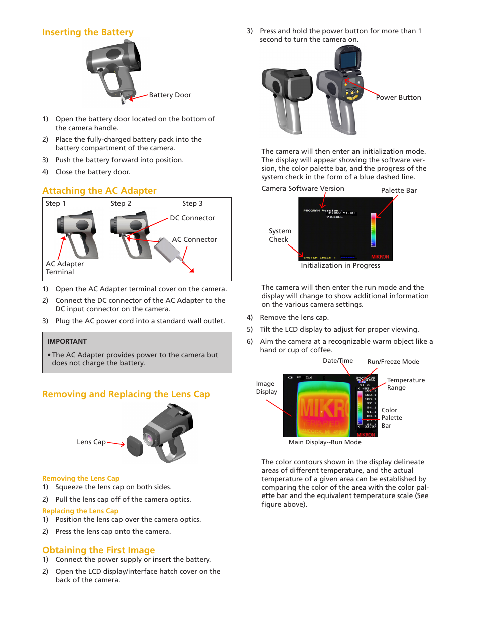 Inserting the battery, Attaching the ac adapter, Removing and replacing the lens cap | Obtaining the first image | LumaSense Technologies MIKRON M7816 User Manual | Page 3 / 6