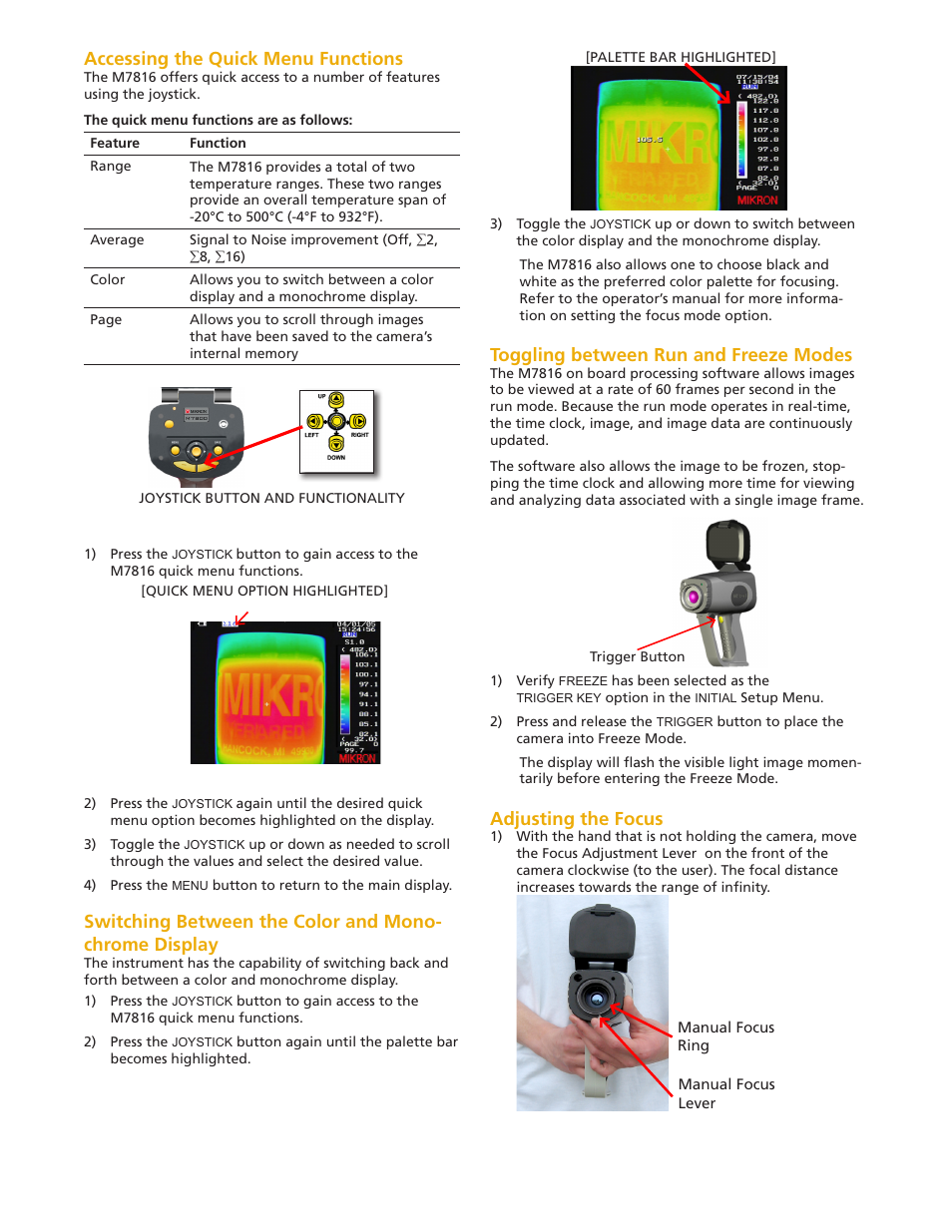 Accessing the quick menu functions, Toggling between run and freeze modes, Adjusting the focus | LumaSense Technologies MIKRON M7816 User Manual | Page 4 / 6