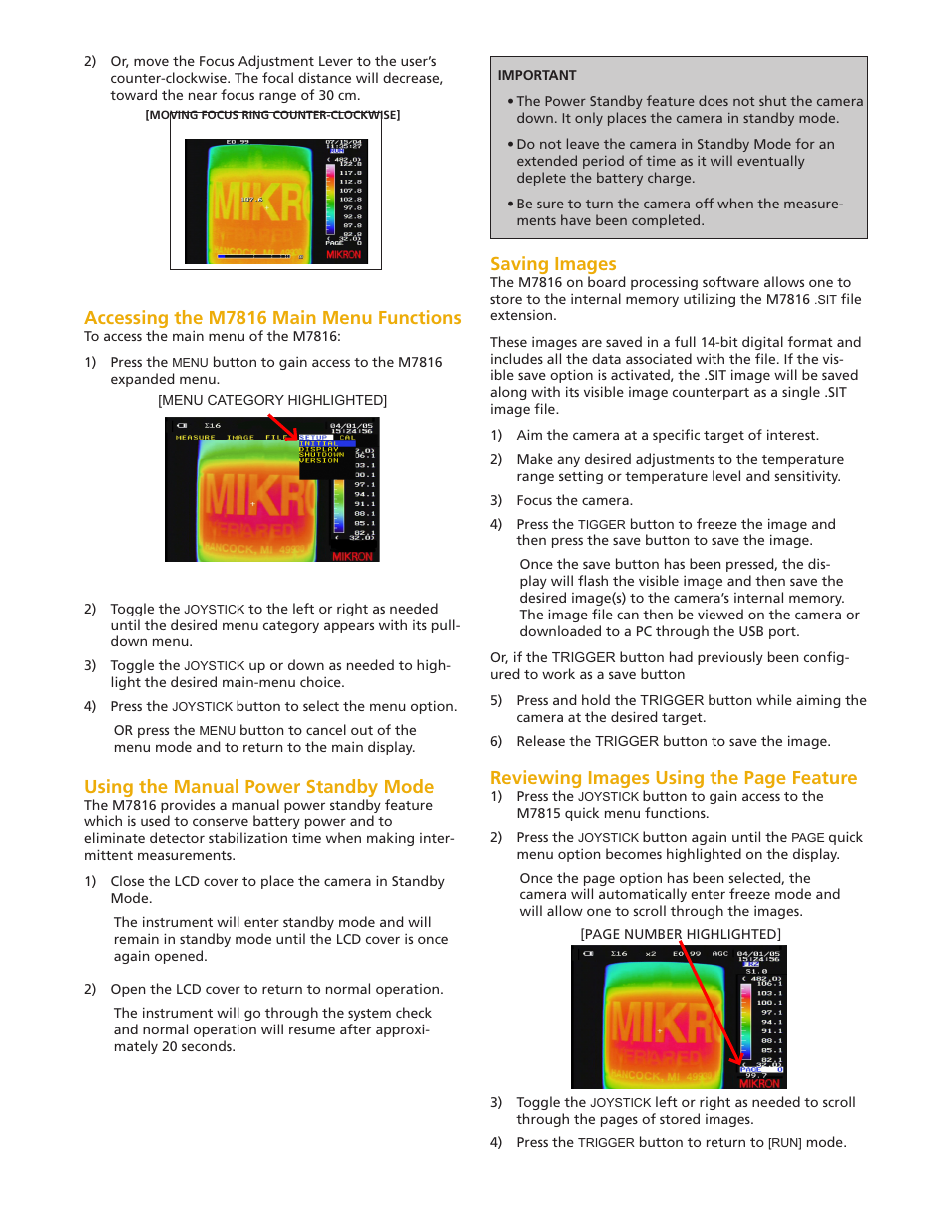 Accessing the m7816 main menu functions, Using the manual power standby mode, Saving images | Reviewing images using the page feature | LumaSense Technologies MIKRON M7816 User Manual | Page 5 / 6