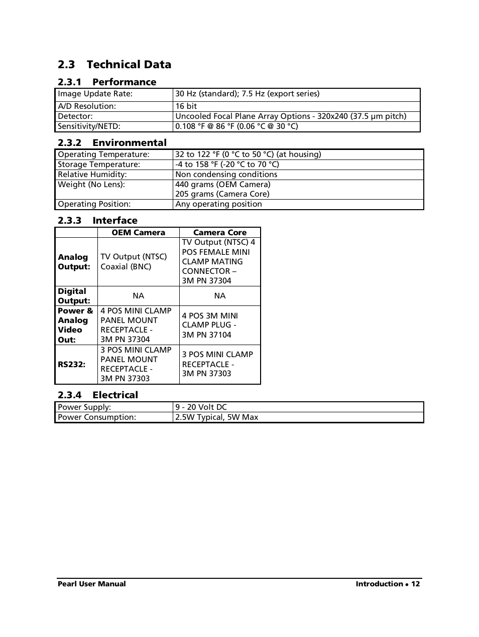 3 technical data, 1 performance, 2 environmental | 3 interface, 4 electrical | LumaSense Technologies Pearl OEM Manual User Manual | Page 12 / 26
