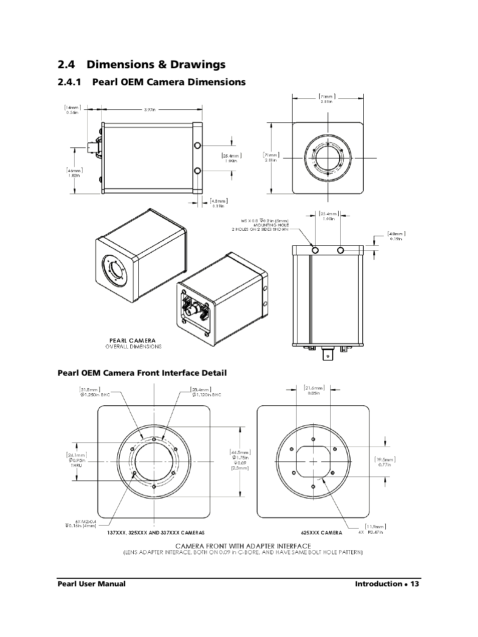 4 dimensions & drawings, 1 pearl oem camera dimensions, Pearl oem camera front interface detail | LumaSense Technologies Pearl OEM Manual User Manual | Page 13 / 26