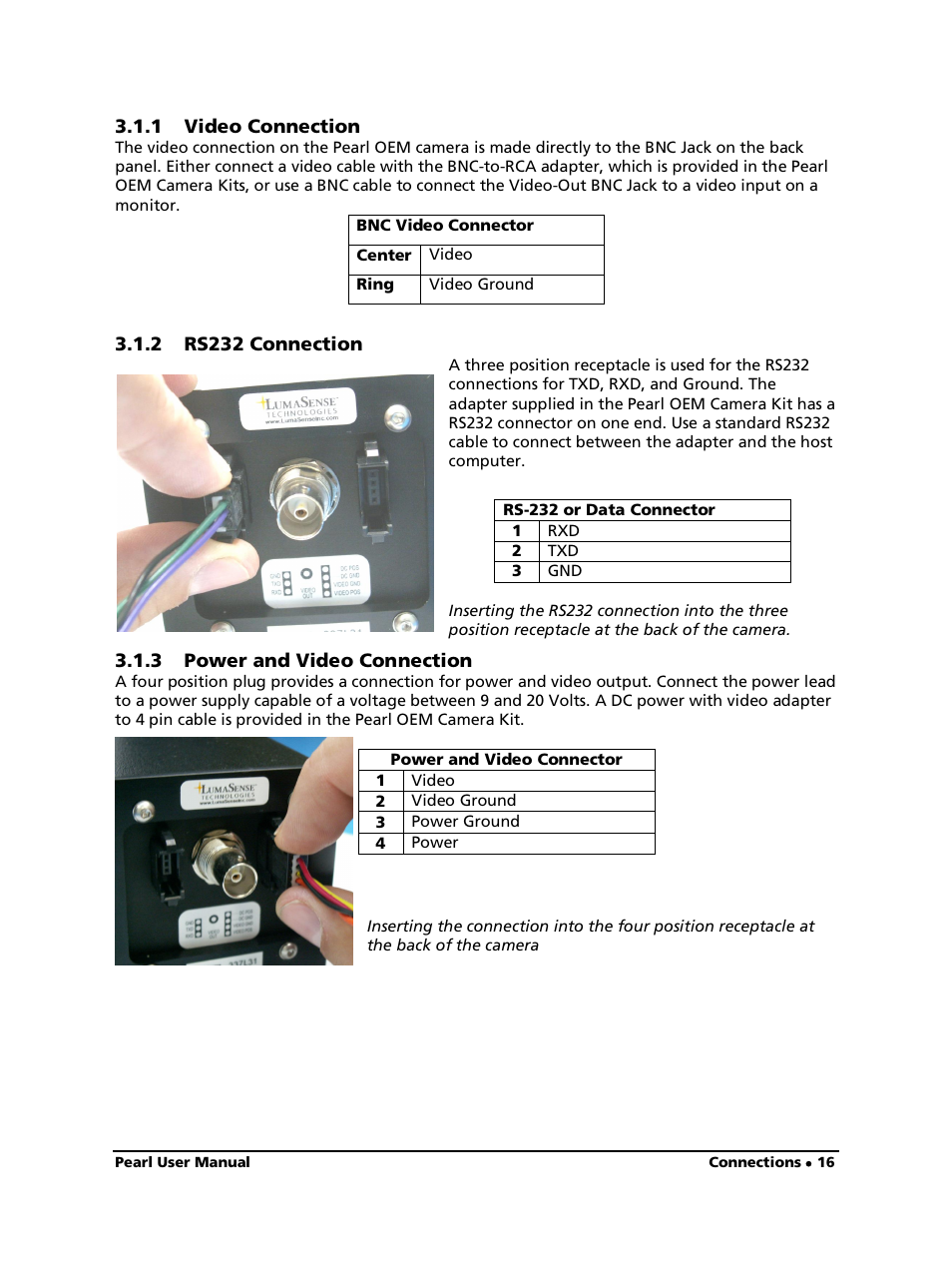 1 video connection, 2 rs232 connection, 3 power and video connection | LumaSense Technologies Pearl OEM Manual User Manual | Page 16 / 26