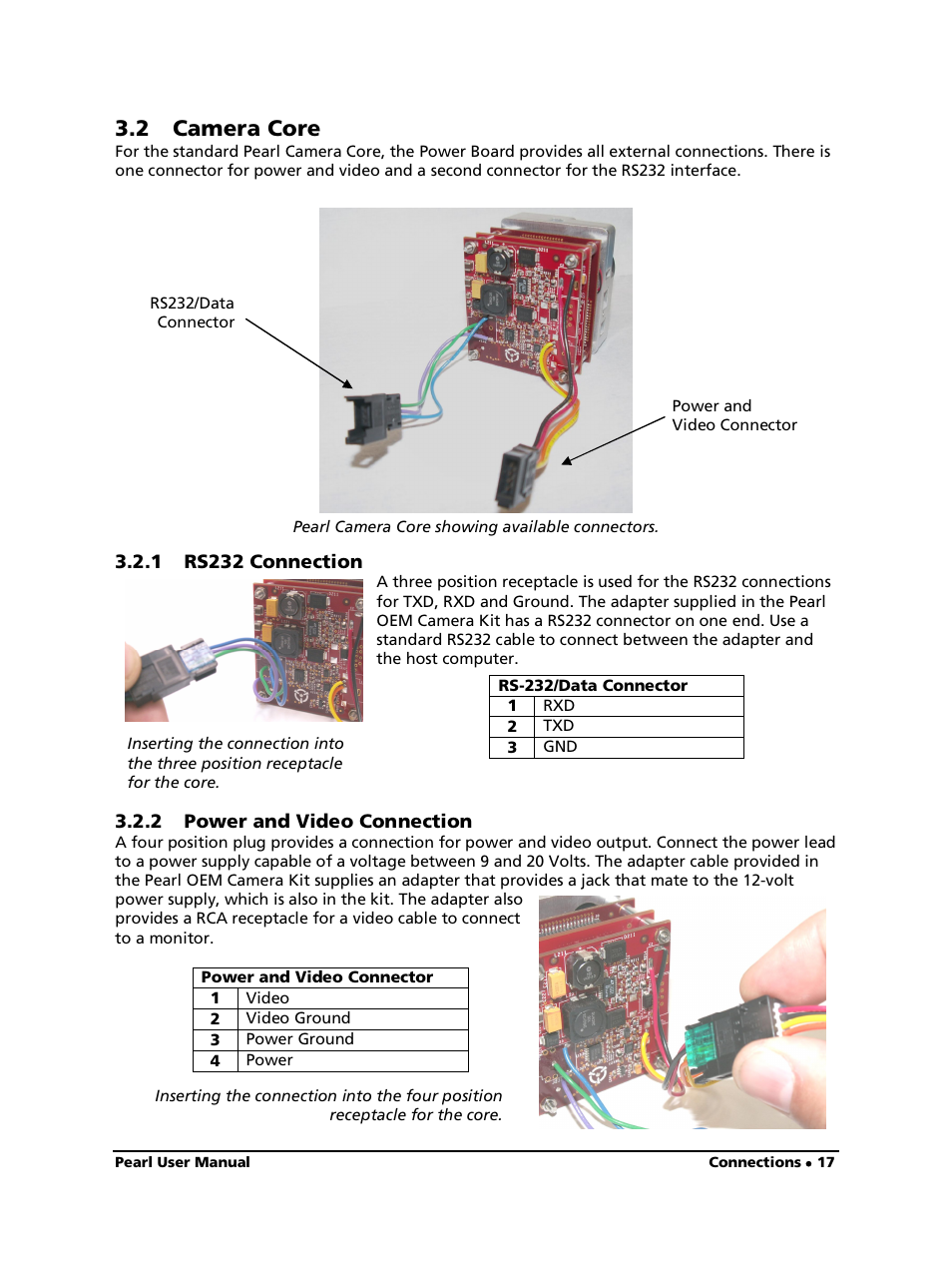 2 camera core, 1 rs232 connection, 2 power and video connection | LumaSense Technologies Pearl OEM Manual User Manual | Page 17 / 26