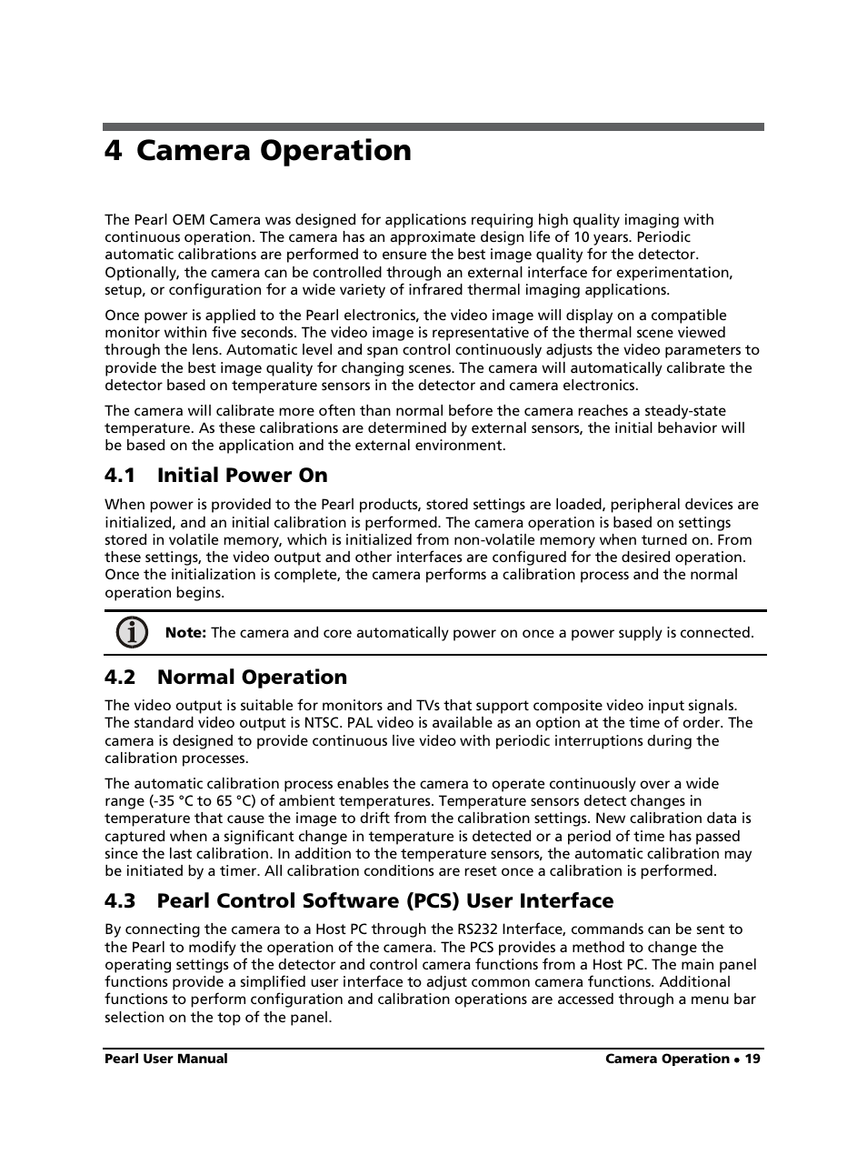 4 camera operation, 1 initial power on, 2 normal operation | 3 pearl control software (pcs) user interface | LumaSense Technologies Pearl OEM Manual User Manual | Page 19 / 26