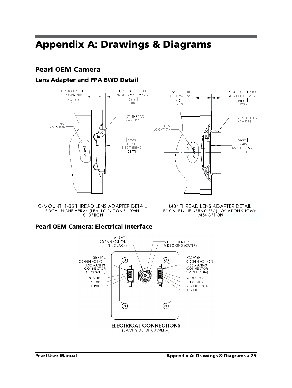 Appendix a: drawings & diagrams, Pearl oem camera, Lens adapter and fpa bwd detail | Pearl oem camera: electrical interface | LumaSense Technologies Pearl OEM Manual User Manual | Page 25 / 26