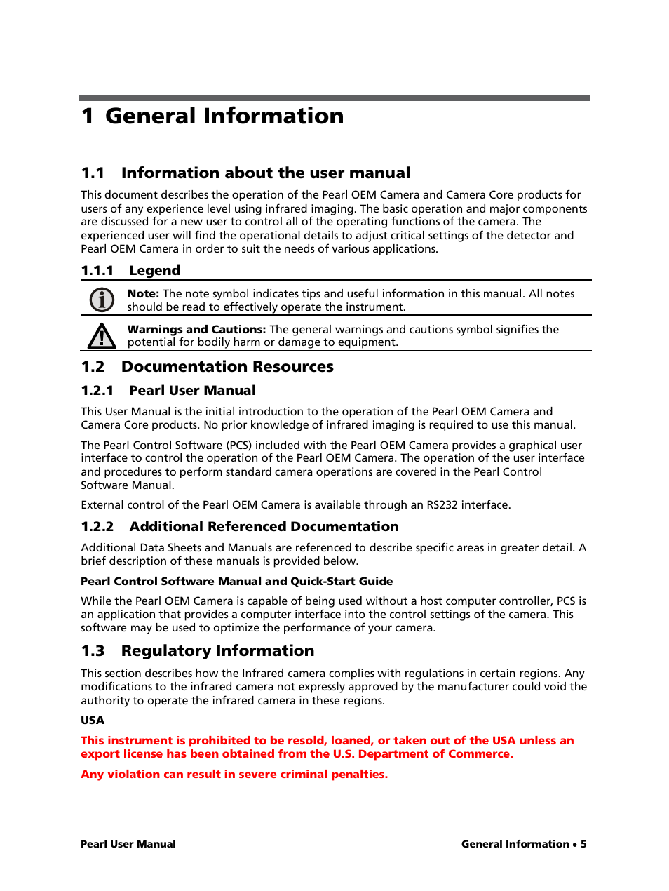 1 general information, 1 information about the user manual, 1 legend | 2 documentation resources, 1 pearl user manual, 2 additional referenced documentation, 3 regulatory information | LumaSense Technologies Pearl OEM Manual User Manual | Page 5 / 26