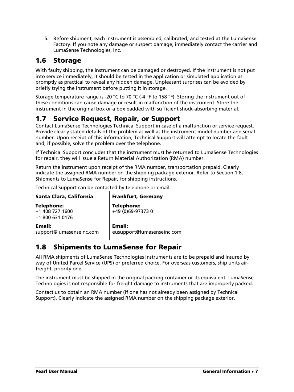 6 storage, 7 service request, repair, or support, 8 shipments to lumasense for repair | LumaSense Technologies Pearl OEM Manual User Manual | Page 7 / 26