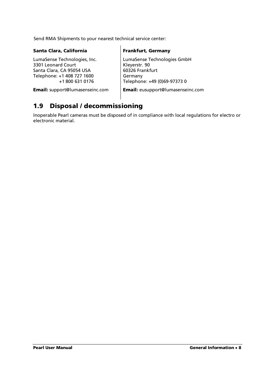 9 disposal / decommissioning | LumaSense Technologies Pearl OEM Manual User Manual | Page 8 / 26