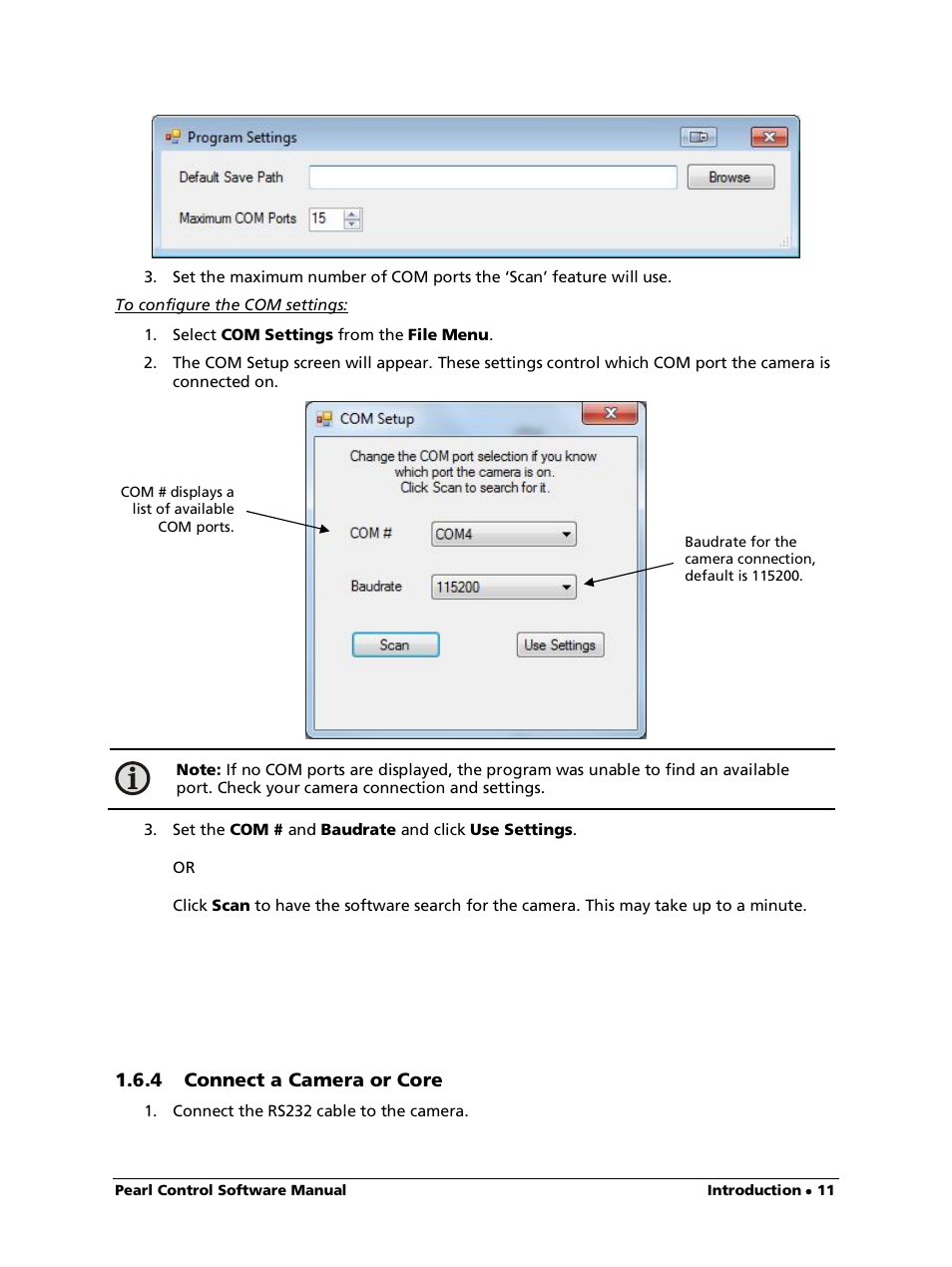 To configure the com settings, 4 connect a camera or core | LumaSense Technologies Pearl Control User Manual | Page 11 / 44