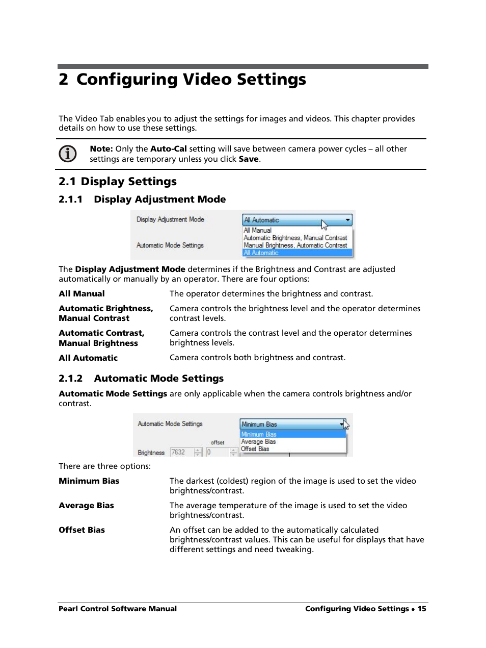 2 configuring video settings, 1 display settings, 1 display adjustment mode | LumaSense Technologies Pearl Control User Manual | Page 15 / 44