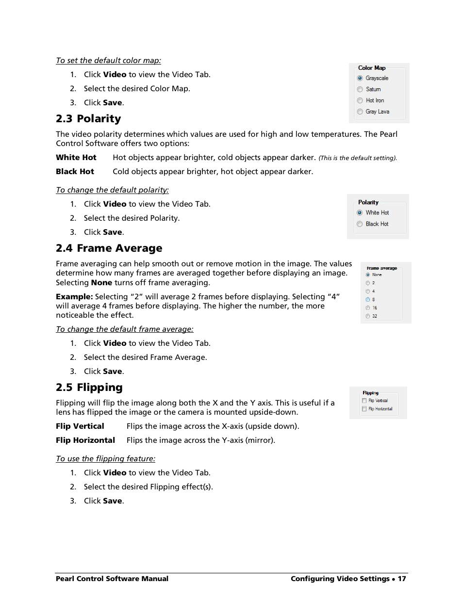 To set the default color map, 3 polarity, To change the default polarity | 4 frame average, To change the default frame average, 5 flipping, To use the flipping feature | LumaSense Technologies Pearl Control User Manual | Page 17 / 44