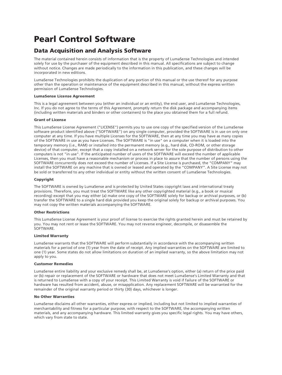 Pearl control software, Data acquisition and analysis software | LumaSense Technologies Pearl Control User Manual | Page 2 / 44