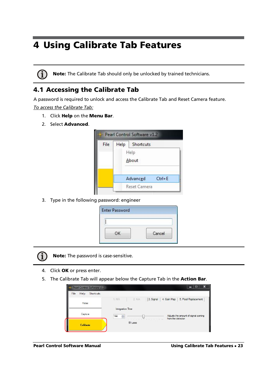 4 using calibrate tab features, 1 accessing the calibrate tab, To access the calibrate tab | LumaSense Technologies Pearl Control User Manual | Page 23 / 44