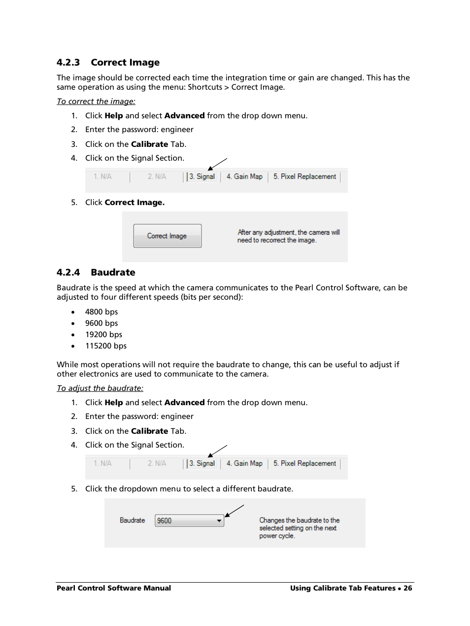 3 correct image, To correct the image, 4 baudrate | To adjust the baudrate | LumaSense Technologies Pearl Control User Manual | Page 26 / 44