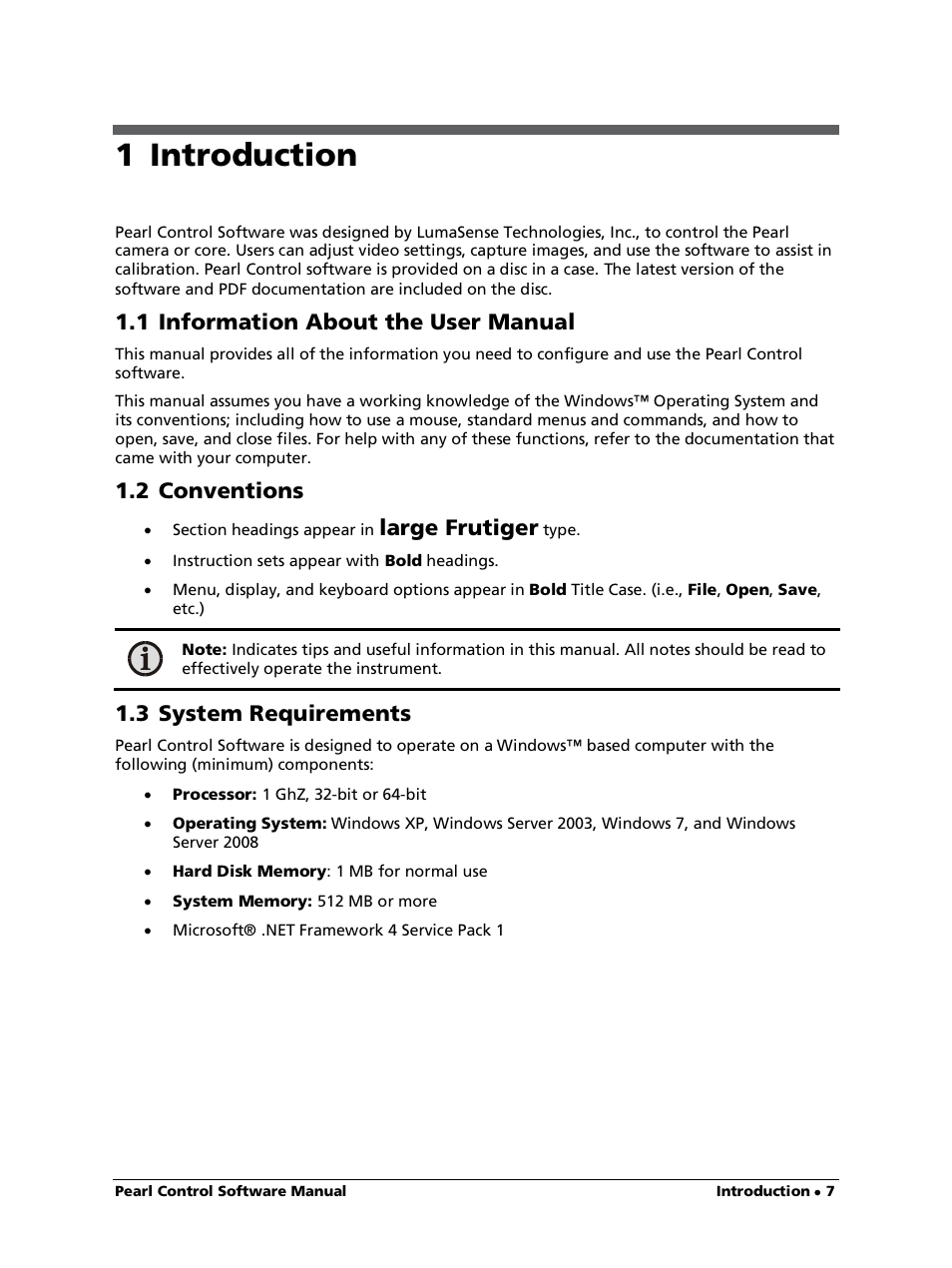 1 introduction, 1 information about the user manual, 2 conventions | 3 system requirements, Large frutiger | LumaSense Technologies Pearl Control User Manual | Page 7 / 44