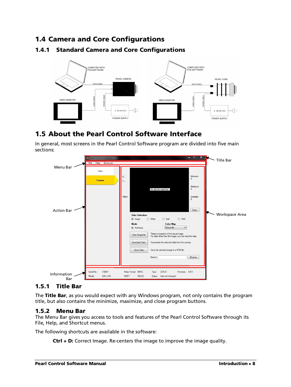 4 camera and core configurations, 1 standard camera and core configurations, 5 about the pearl control software interface | 1 title bar, 2 menu bar | LumaSense Technologies Pearl Control User Manual | Page 8 / 44