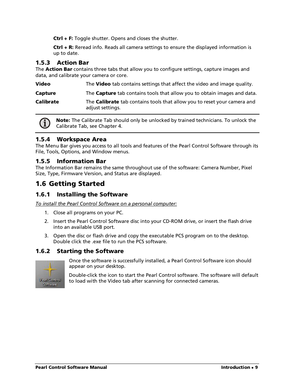 3 action bar, 4 workspace area, 5 information bar | 6 getting started, 1 installing the software, 2 starting the software | LumaSense Technologies Pearl Control User Manual | Page 9 / 44