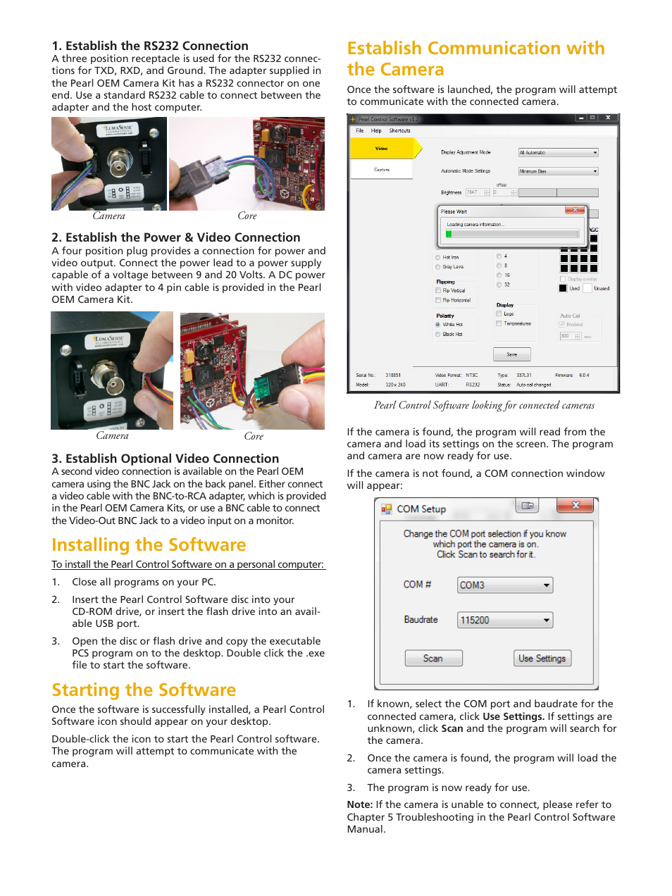 Installing the software, Starting the software, Establish communication with the camera | LumaSense Technologies Pearl OEM Quick Start Guide User Manual | Page 2 / 4