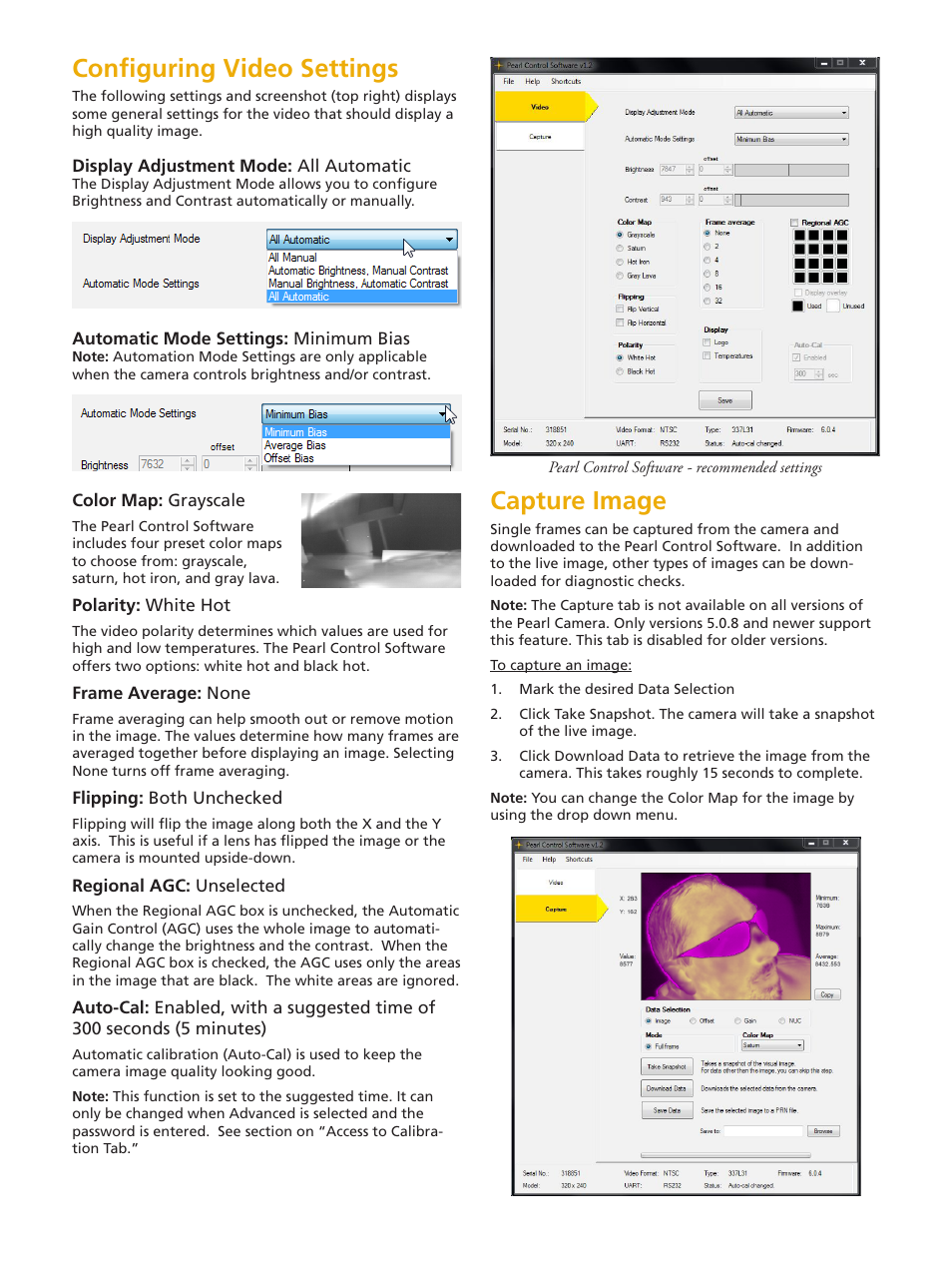 Configuring video settings, Capture image | LumaSense Technologies Pearl OEM Quick Start Guide User Manual | Page 3 / 4