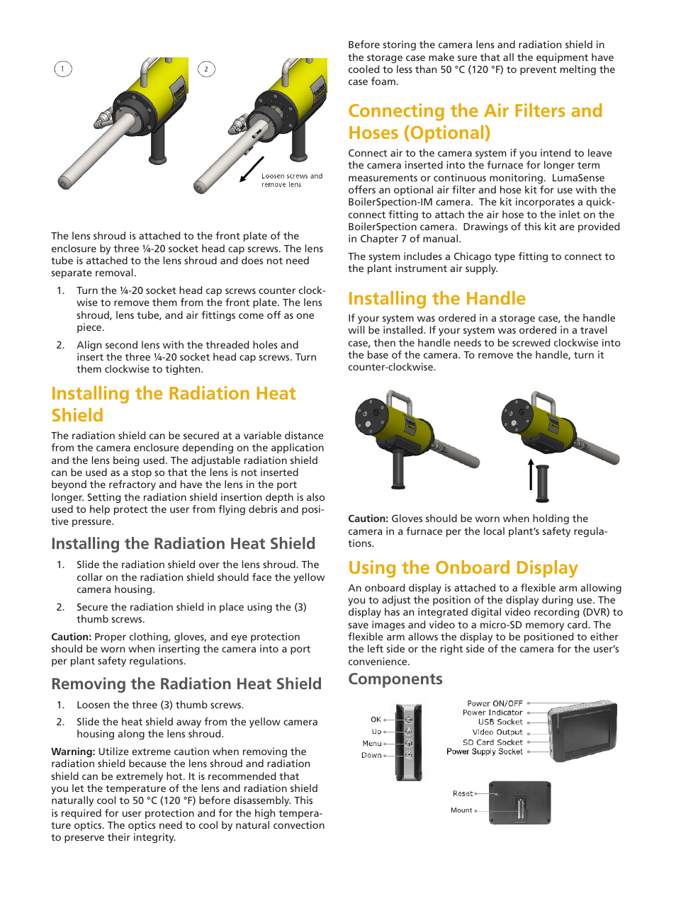 Installing the radiation heat shield, Connecting the air filters and hoses (optional), Installing the handle | Using the onboard display, Removing the radiation heat shield, Components | LumaSense Technologies BoilerSpection-IM Quick Start Guide User Manual | Page 2 / 4