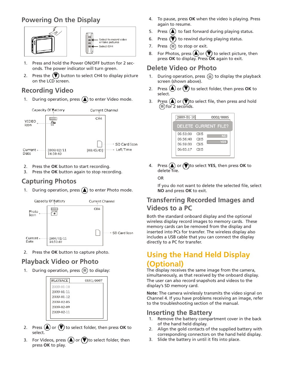 Using the hand held display (optional), Powering on the display, Recording video | Capturing photos, Playback video or photo, Delete video or photo, Transferring recorded images and videos to a pc, Inserting the battery | LumaSense Technologies BoilerSpection-IM Quick Start Guide User Manual | Page 3 / 4