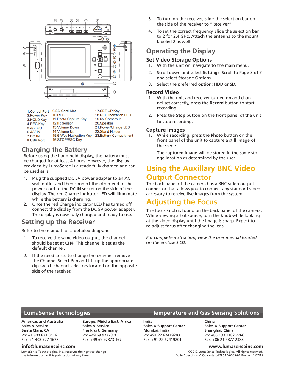 Using the auxillary bnc video output connector, Adjusting the focus, Charging the battery | Setting up the receiver, Operating the display | LumaSense Technologies BoilerSpection-IM Quick Start Guide User Manual | Page 4 / 4