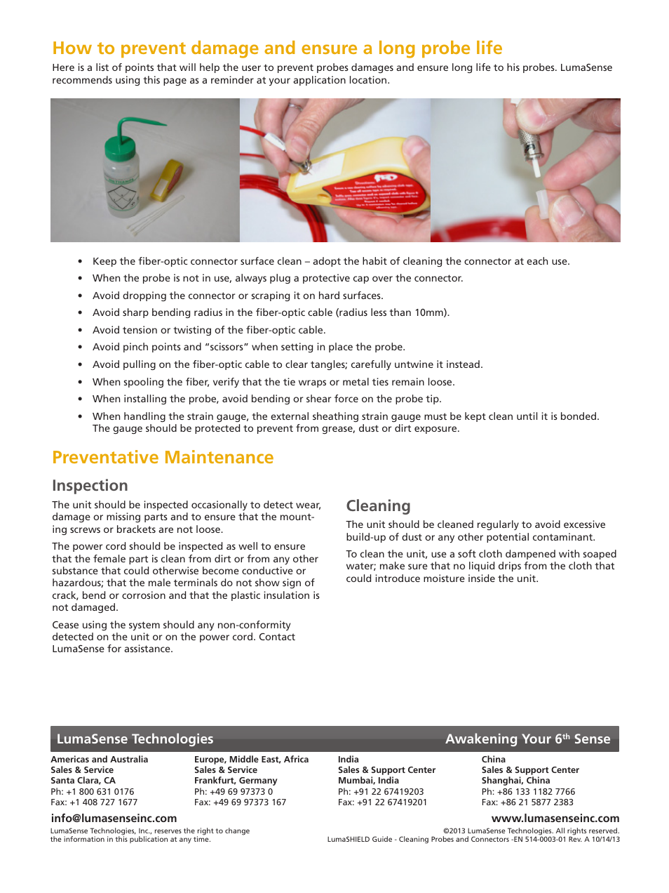 How to prevent damage and ensure a long probe life, Preventative maintenance, Inspection | Cleaning, Lumasense technologies awakening your 6, Sense | LumaSense Technologies LumaSHIELD Controller: Cleaning Probes and Connectors User Manual | Page 2 / 2