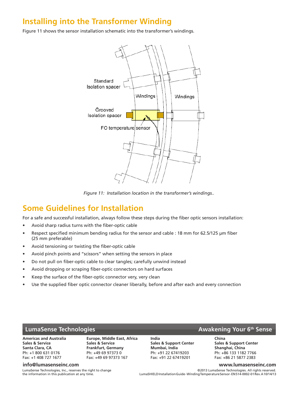 Installing into the transformer winding, Some guidelines for installation, Lumasense technologies awakening your 6 | Sense | LumaSense Technologies LumaSHIELD Controller Installation Guide: Winding Temp. Sensors User Manual | Page 4 / 4