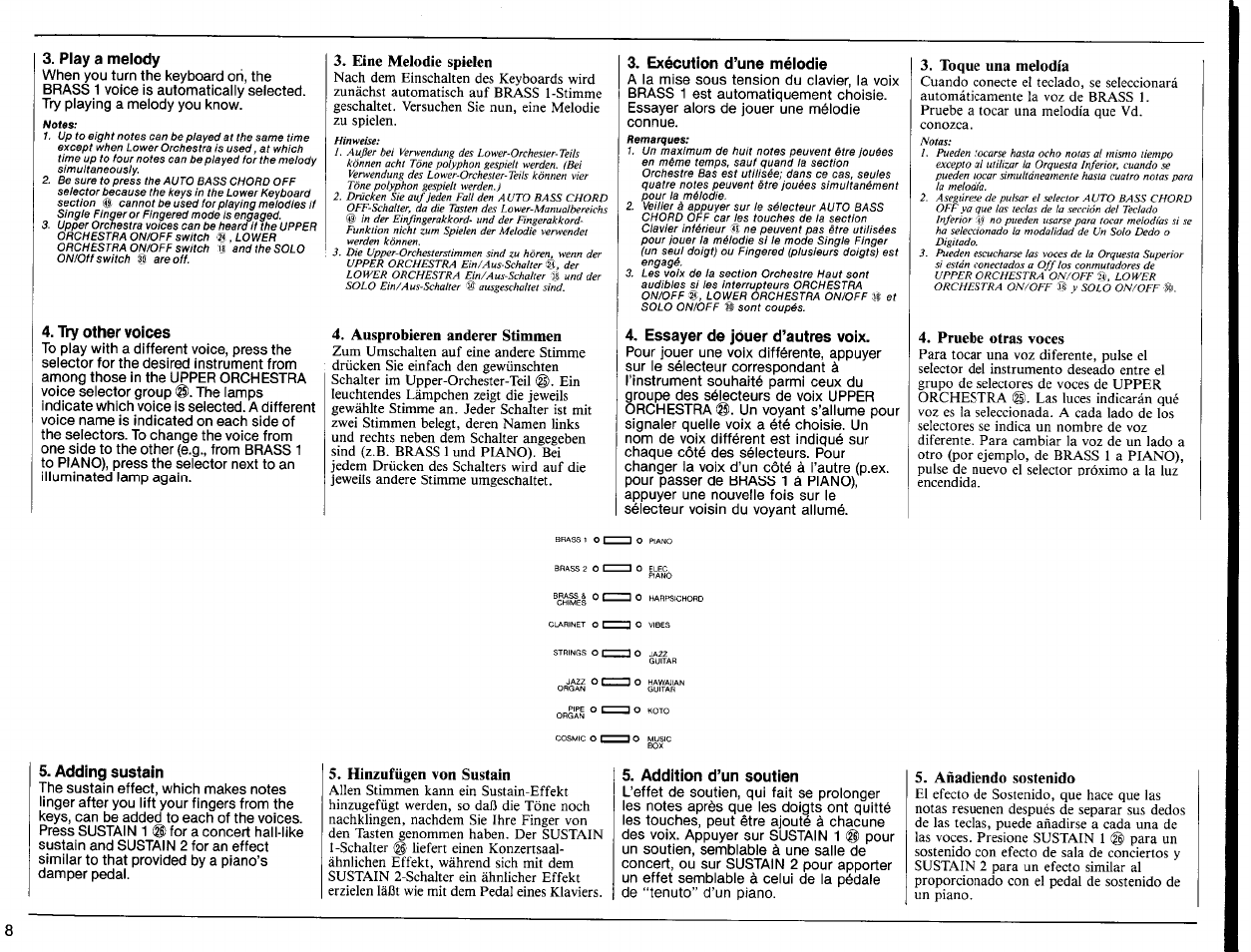 Play a melody, Try other voices, Eine melodìe spielen | Ausprobieren anderer stimmen, Exécution cfune mélodie, Essayer de jouer d’autres voix, Toque una melodía, Pruebe otras voces, Adding sustain, Hinzufügen von sustain | Yamaha PSR-6300 User Manual | Page 10 / 52