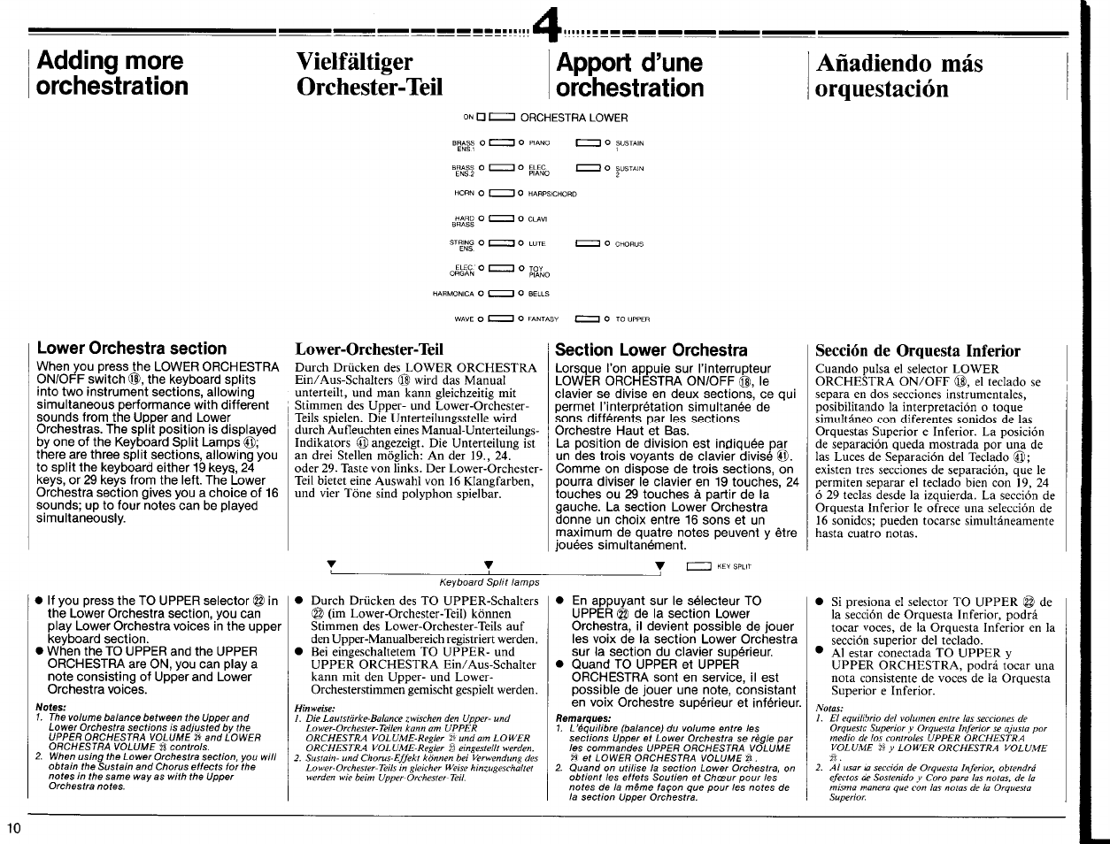 Lower orchestra section, Lower-orchester-teil, Section lower orchestra | Sección de orquesta inferior, Lower orchestra section), Upper-orchester-teil), Section lower orchestra), Sección de orquesta superior), Adding more, Apport d’une | Yamaha PSR-6300 User Manual | Page 12 / 52