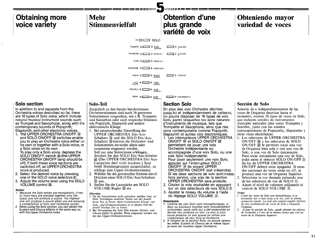 Solo section, Solo-teil, Section solo | Sección de solo, Solo section), Solo-teil), Sección de solo), Obtaining more, Obtention d’une, Voice variety | Yamaha PSR-6300 User Manual | Page 13 / 52