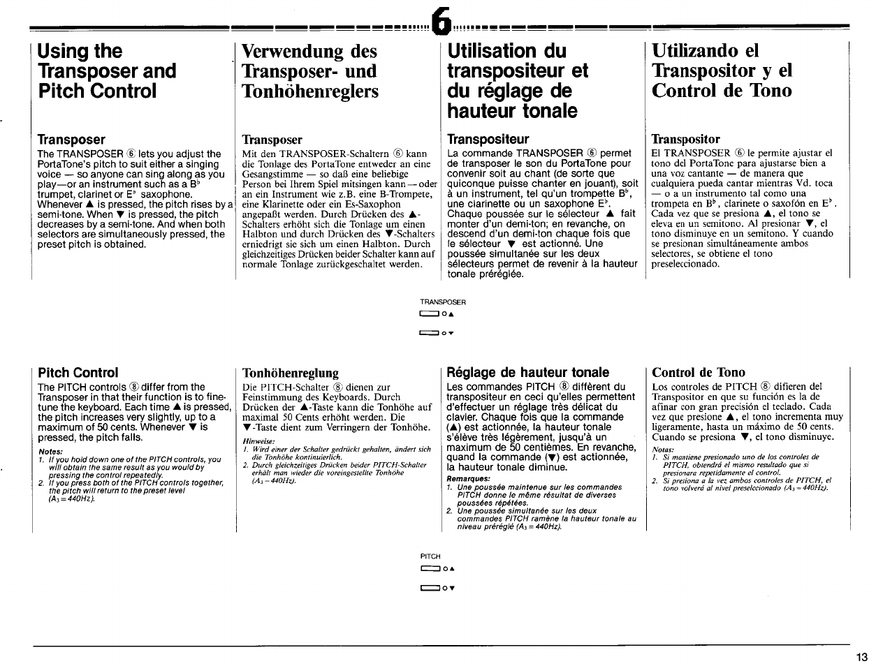 Transposer, Transpositeur, Transposìtor | Pitch control, Tonhöhenreglung, Réglage de hauteur tonale, Control de tono, Tonhöhenreglers, Using the transposer and pitch control, Verwendung des transposer- und tonhöhenreglers | Yamaha PSR-6300 User Manual | Page 15 / 52