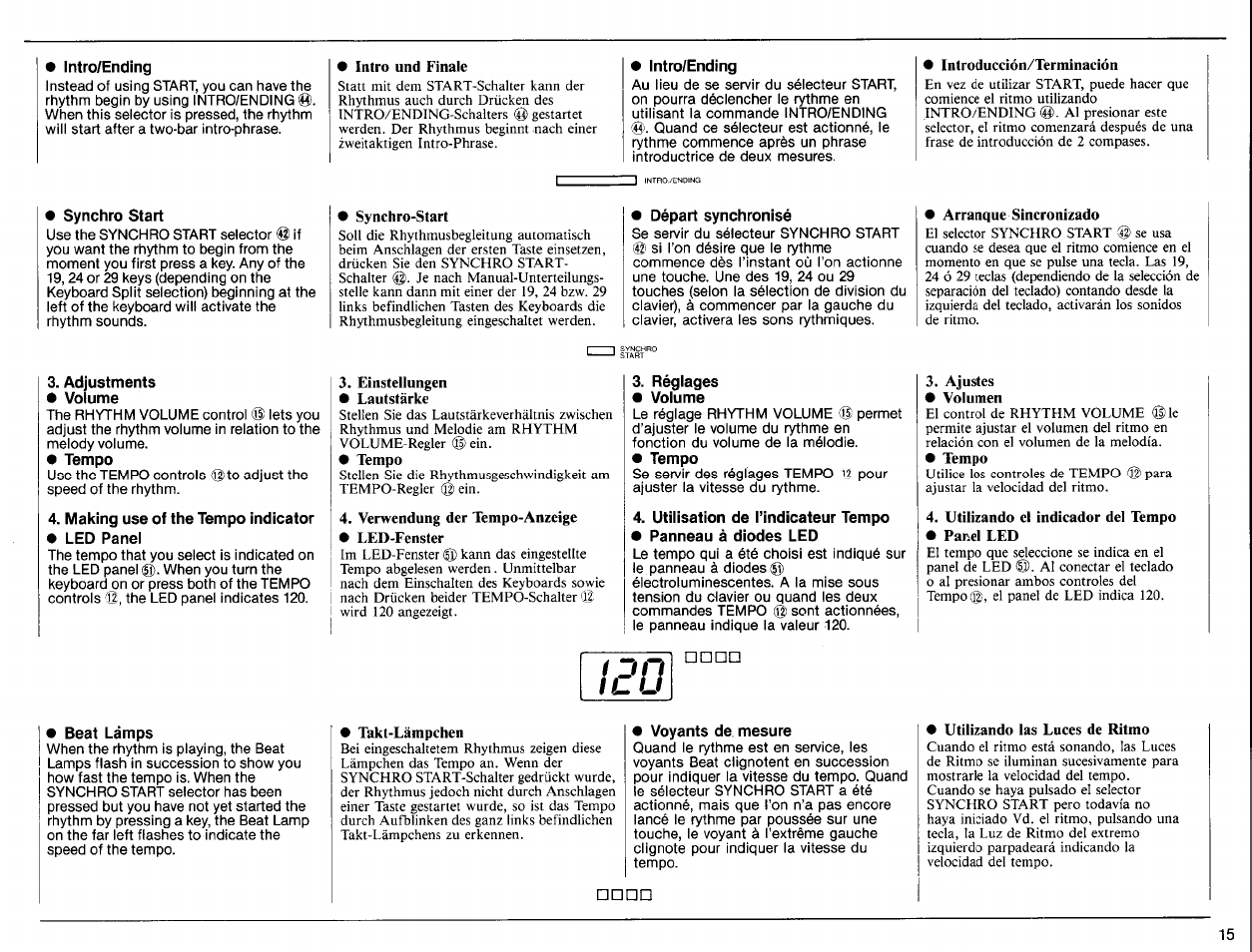 Intro/ending, Intro und finale, Introduccìón/termìnadón | Synchro start, Synchro-start, Départ synchronisé, Arranque sincronizado, Adjustments, Volume, Tempo | Yamaha PSR-6300 User Manual | Page 17 / 52