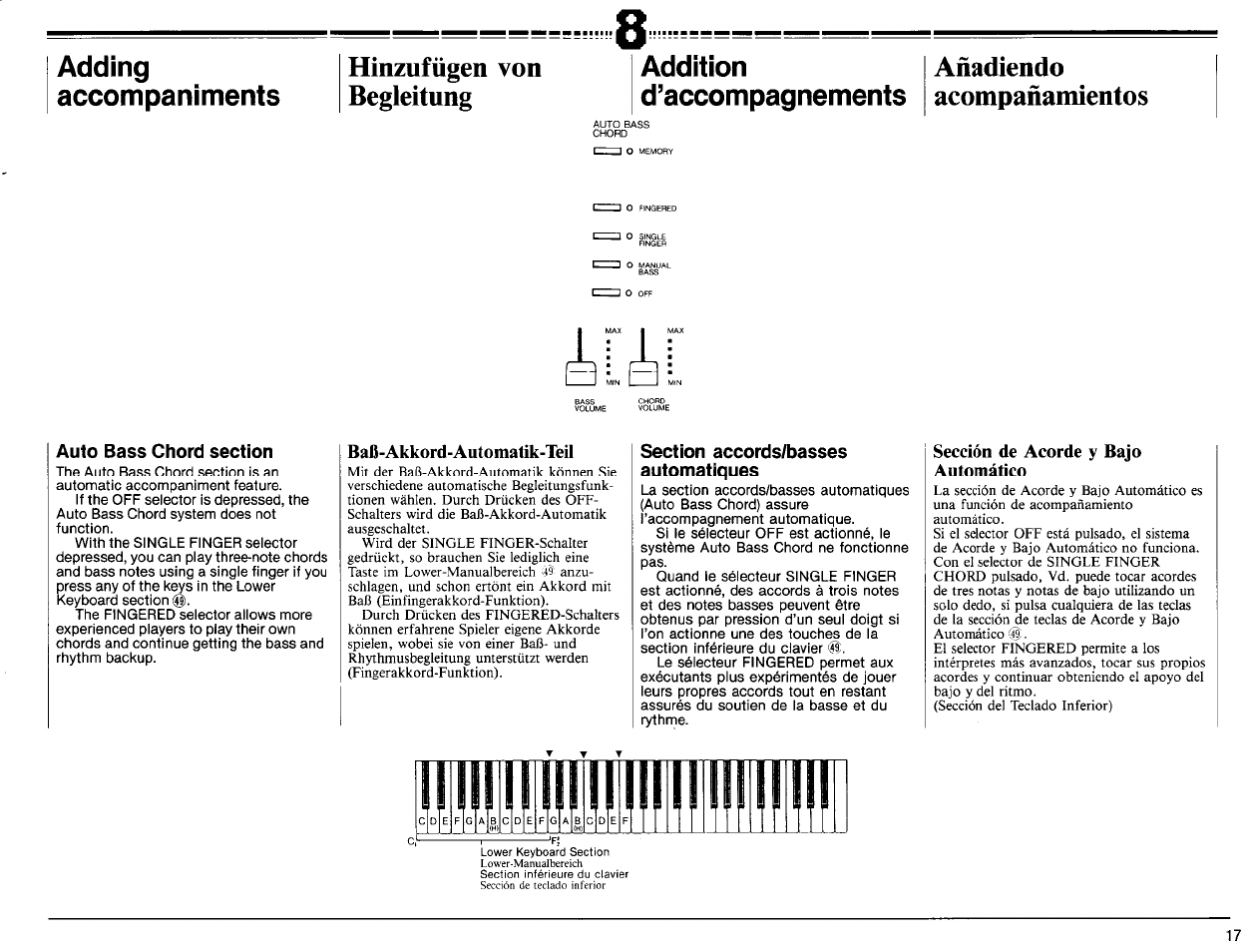 Baß-akkord-automatik-teil, Sección de acorde y bajo automático, Baß-akkord-automatik-teil) | Adding, Addition, Accompaniments, D’accompagnements, Hinzufügen von, Añadiendo, Begleitung | Yamaha PSR-6300 User Manual | Page 19 / 52