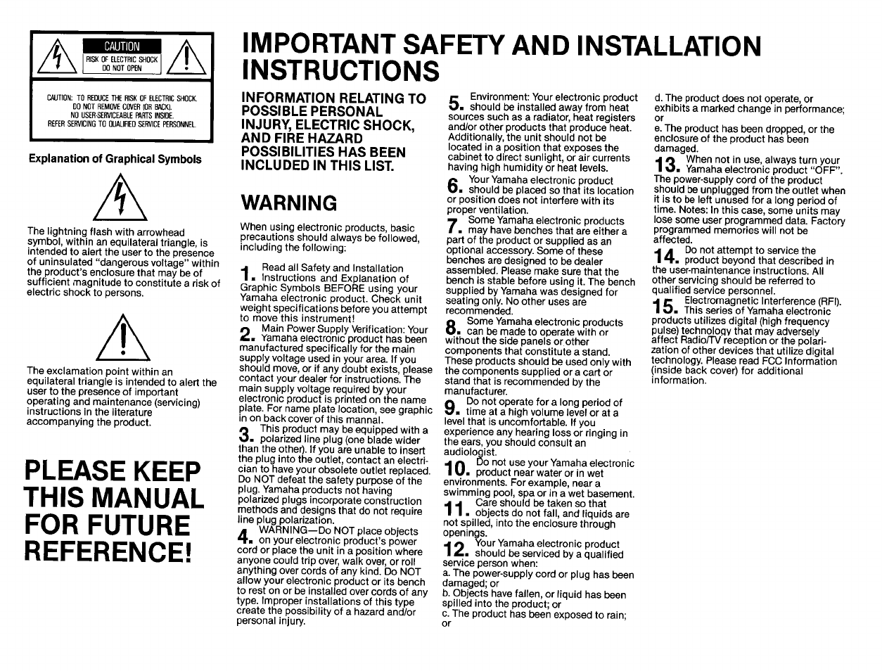 Explanation of graphical symbols, Warning | Yamaha PSR-6300 User Manual | Page 2 / 52