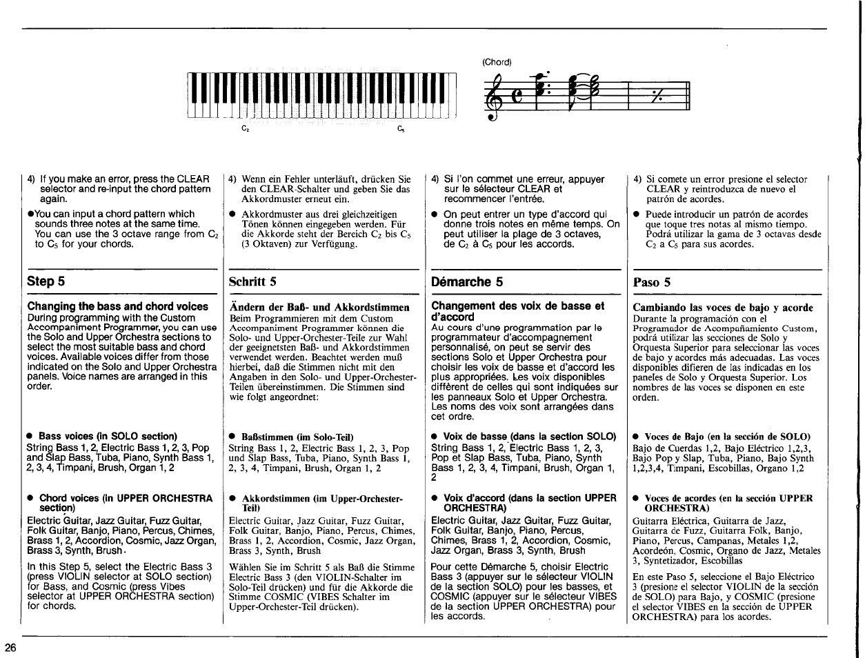 Steps, Changing the bass and chord voices, Bass voices (in solo section) | Chord voices (in upper orchestra section), Schritt 5, Démarche 5, Changement des voix de basse et d’accord, Voix de basse (dans la section solo), Voix d’accord (dans la section upper orchestra), Paso 5 | Yamaha PSR-6300 User Manual | Page 28 / 52