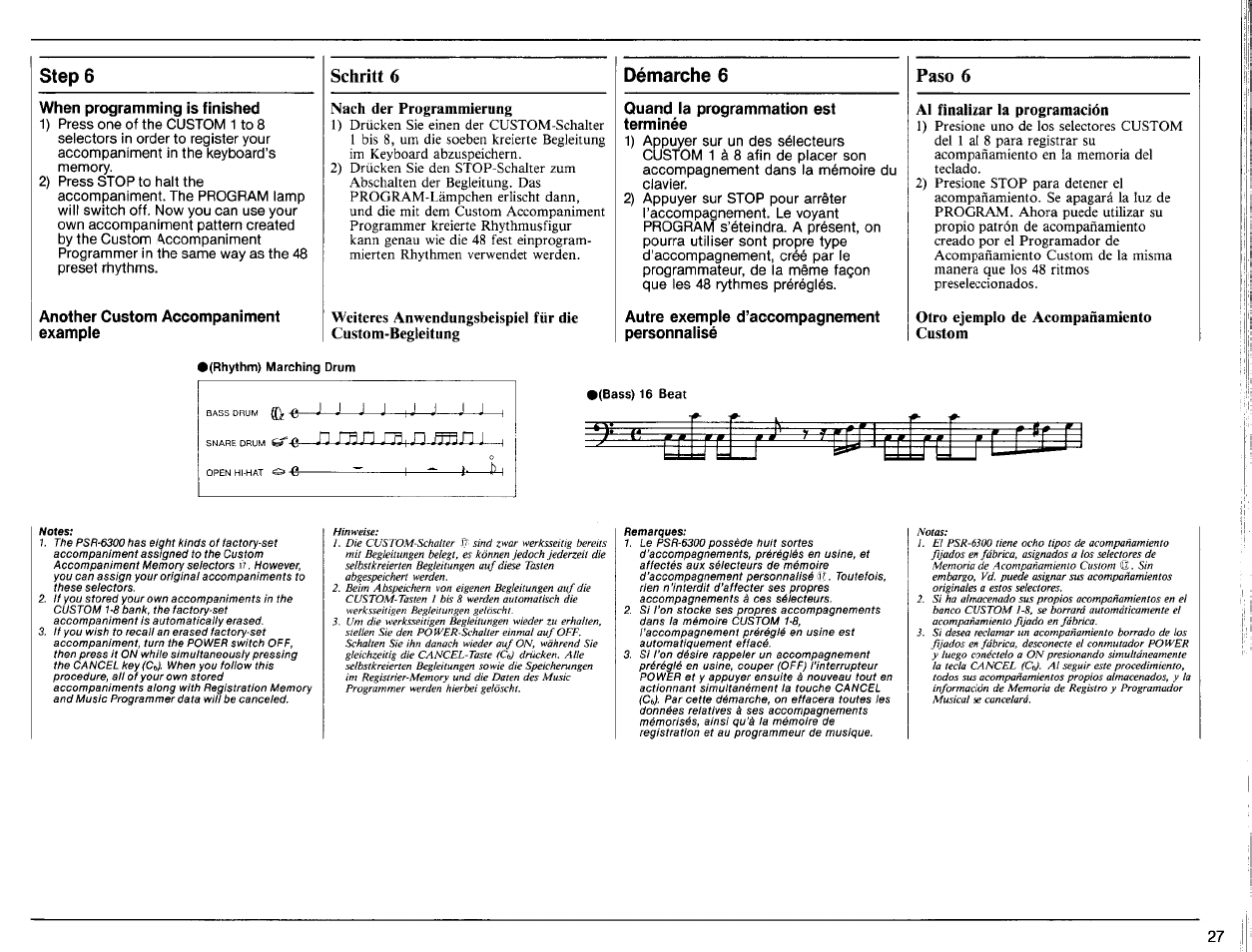 Step 6, When programming is finished, Another custom accompaniment example | Démarche 6, Quand la programmation est terminée, Autre exemple d’accompagnement personnalisé, A1 finalizar la programación, Otro ejemplo de acompañamiento, Schritt 6, Paso 6 | Yamaha PSR-6300 User Manual | Page 29 / 52