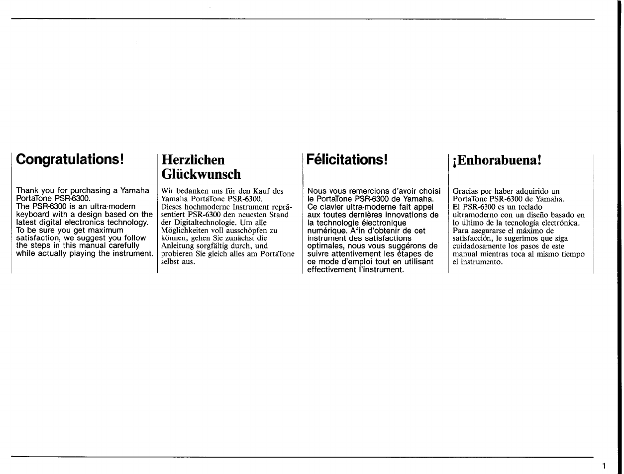 Congratulations i, Félicitations, Herzlichen glückwunsch | Enhorabuena | Yamaha PSR-6300 User Manual | Page 3 / 52