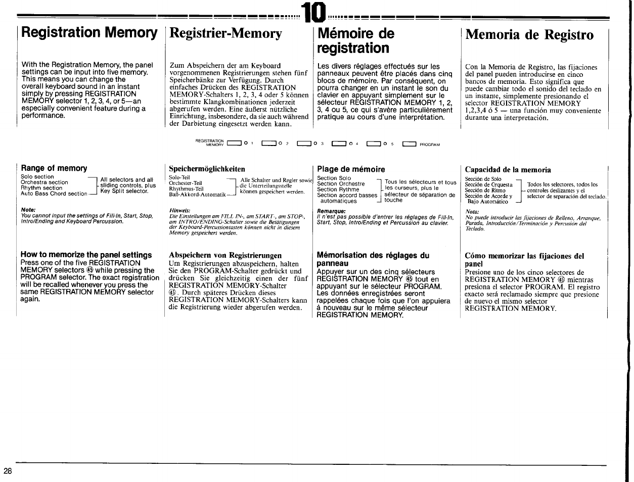 Registration memory, Mémoire de registration, Range of memory | How to memorize the panel settings, Speichermöglichkeiten, Abspeichern von registrierungen, Plage de mémoire, Mémorisation des réglages du panneau, Capacidad de la memoria, Cómo memorizar las fijaciones del panel | Yamaha PSR-6300 User Manual | Page 30 / 52